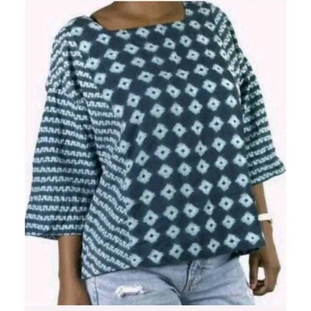 Pure J Jill L Top Geometric 3/4 Sleeve Blue Square Neck Oversized